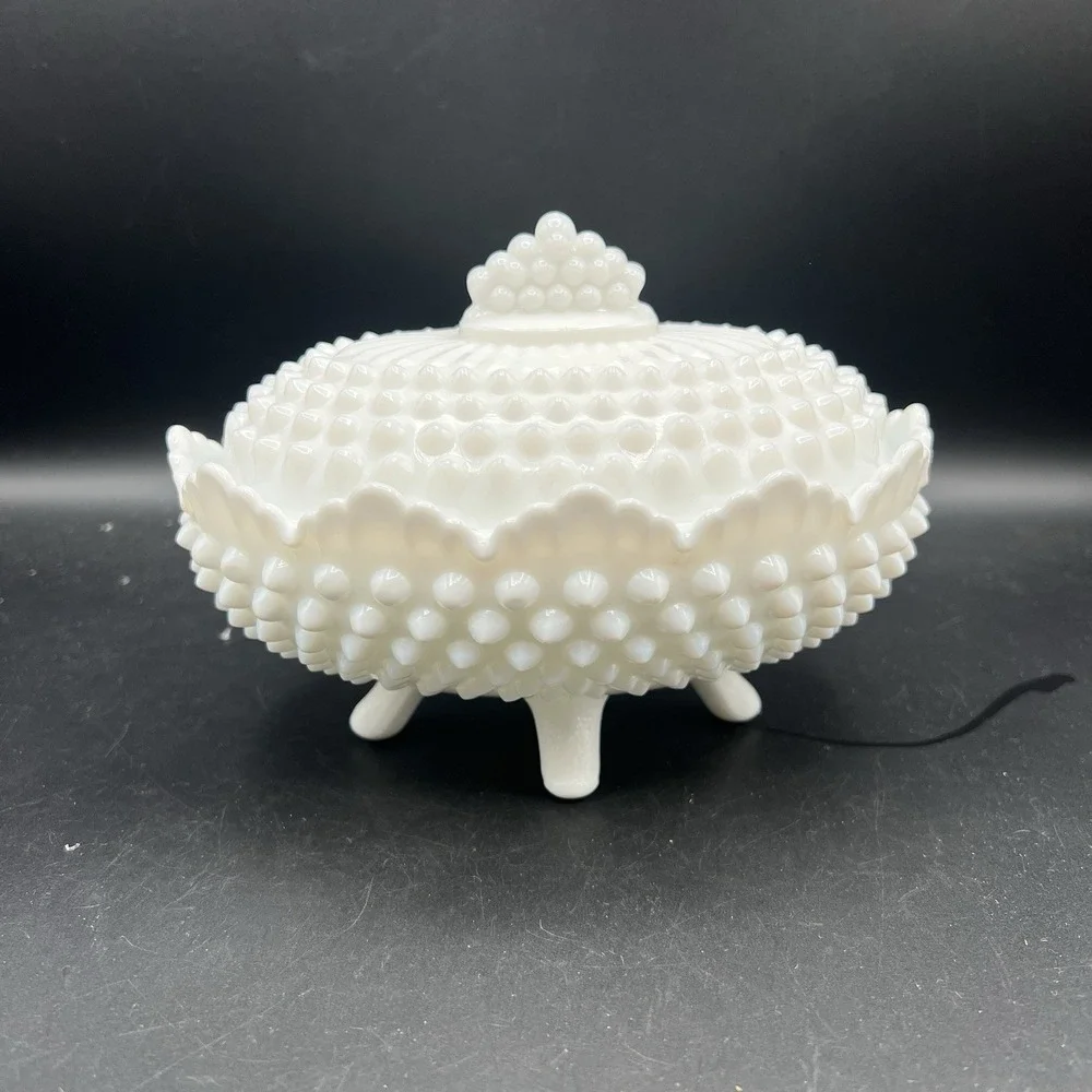 VTG Fenton White Milk Glass Hobnail Oval Footed Covered Candy Dish with Lid